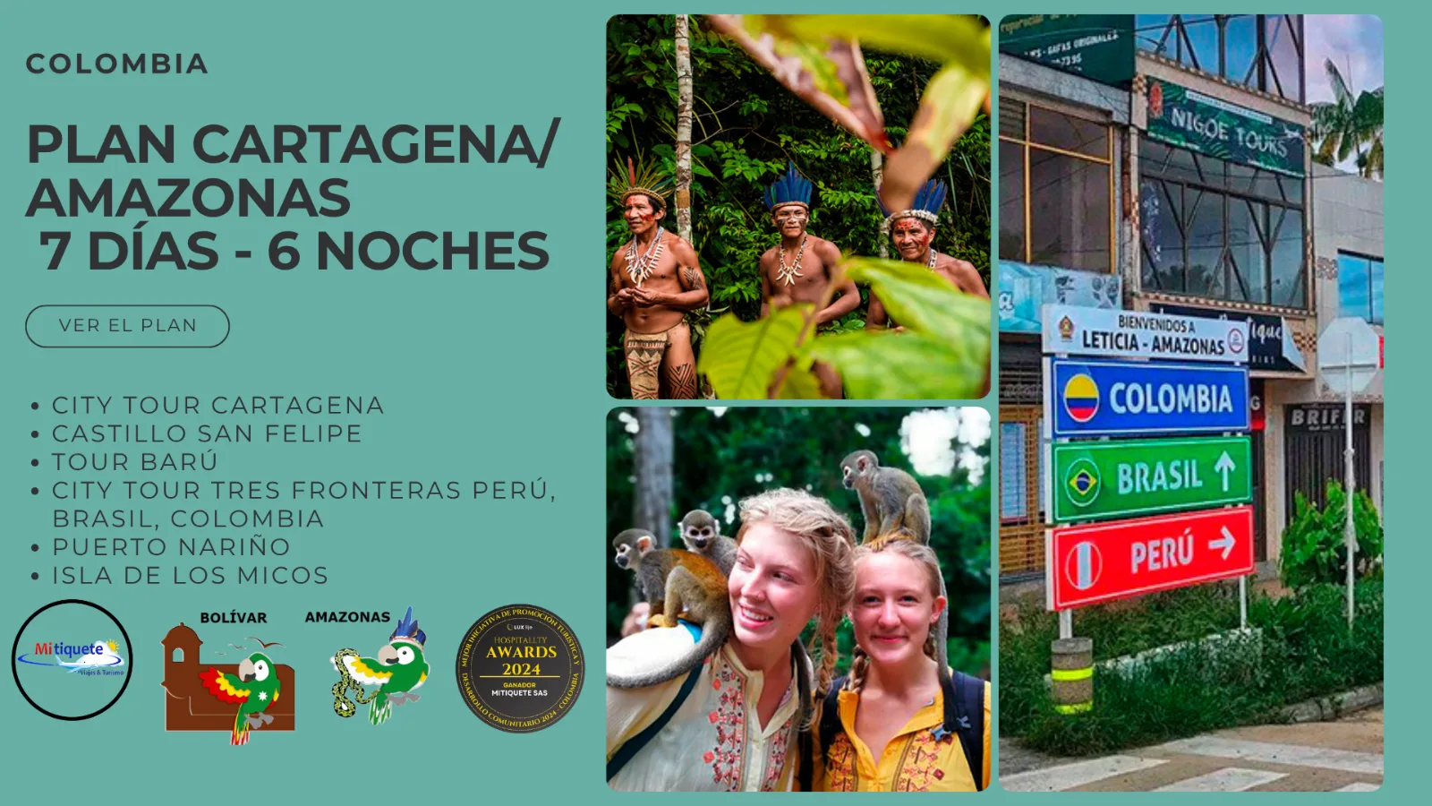 Plan Turístico Cartagena y Amazonas 7 Días 6 Noches – City Tour histórico en Chiva, Tour a Barú, Leticia, Santa Rosa, Tabatinga, Puerto Nariño e Isla de los Micos