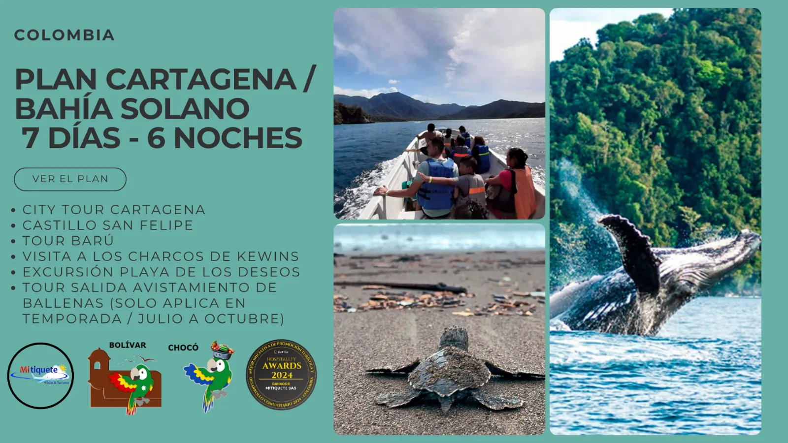 Plan Turístico Cartagena y Bahía Solano 7 Días 6 Noches – City Tour histórico en Chiva, Tour a Barú y Experiencia En El Pacífico Colombiano