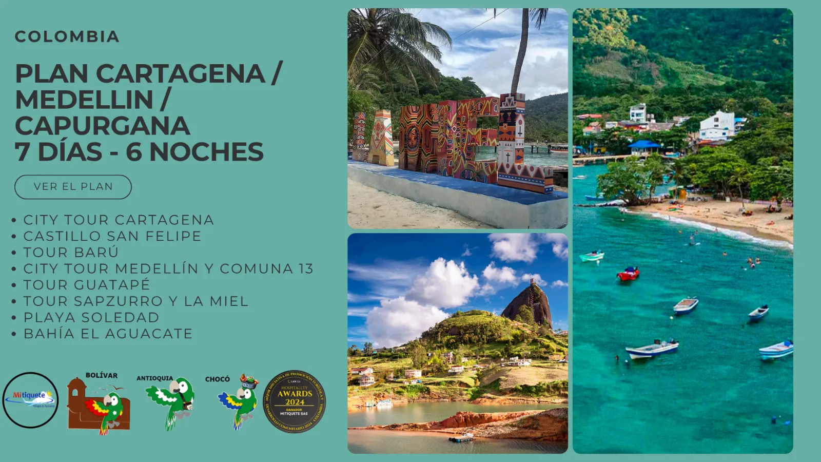 Plan Turístico Cartagena y Capurganá 7 Días 6 Noches – City Tour histórico en Chiva, Tour a Barú, Sapzurro, La Miel, Playa Soledad, El Aguacate y Capurganá